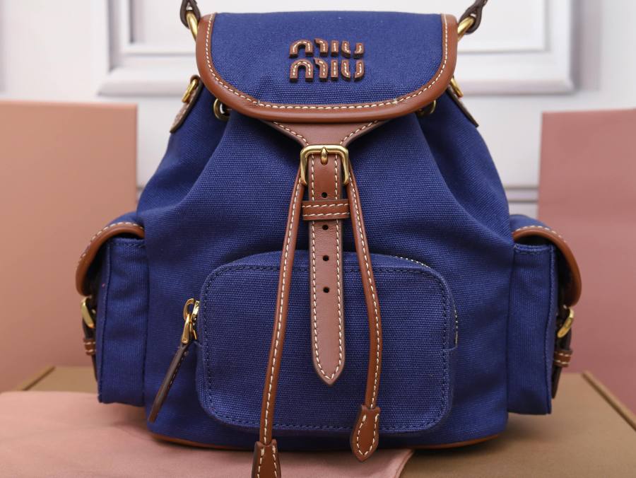 Miu Miu Canvas and Calfskin Backpack 5BZ043 8B75 32 x 30 x 12